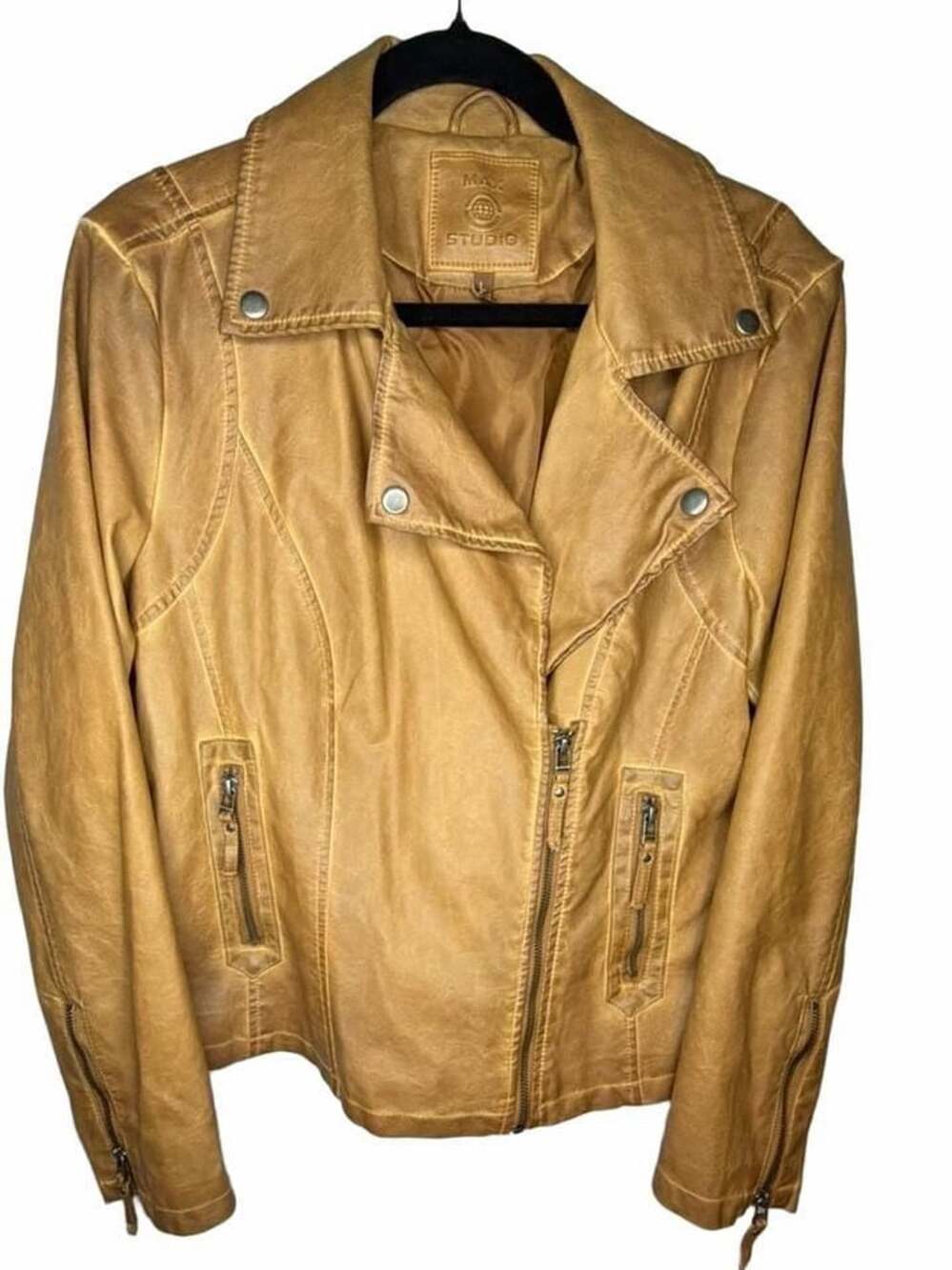 Max Studio Faux Leather Moto Jacket Size L Tan Brown Biker
